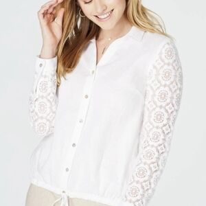 J. Jill Love Linen White Lace Sleeve Button Up Shirt Size XL